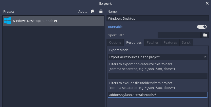 Screenshot of the export window with tools folder ignored